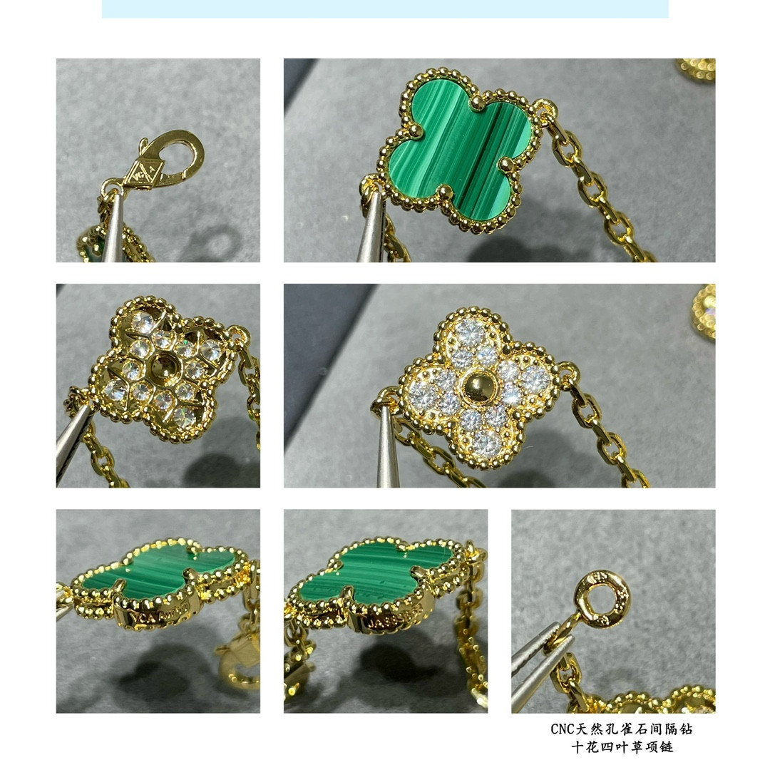 V*N CL*F & Arpels Natural malachite interval diamond ten flower four leaf clover Necklace