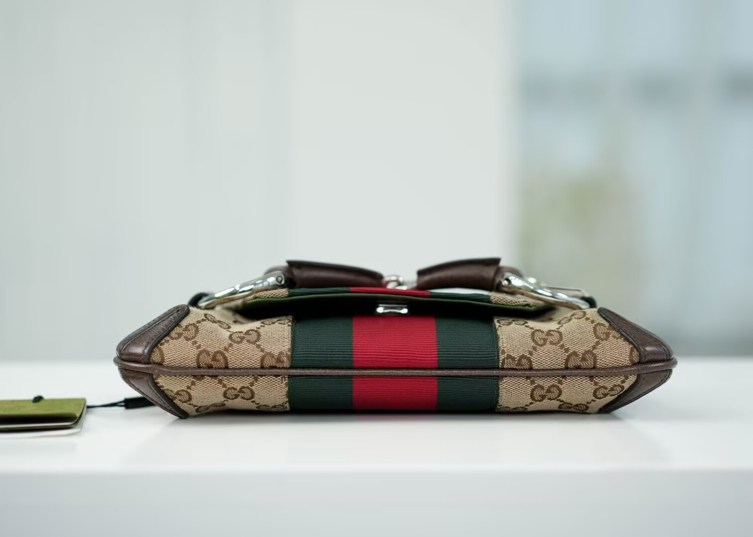 G*u*i Monogram Textured Dollar Calfskin Heavy Grosgrain Web Medium Maxi Horsebit Chain Shoulder Bag 27x11.5x5cm