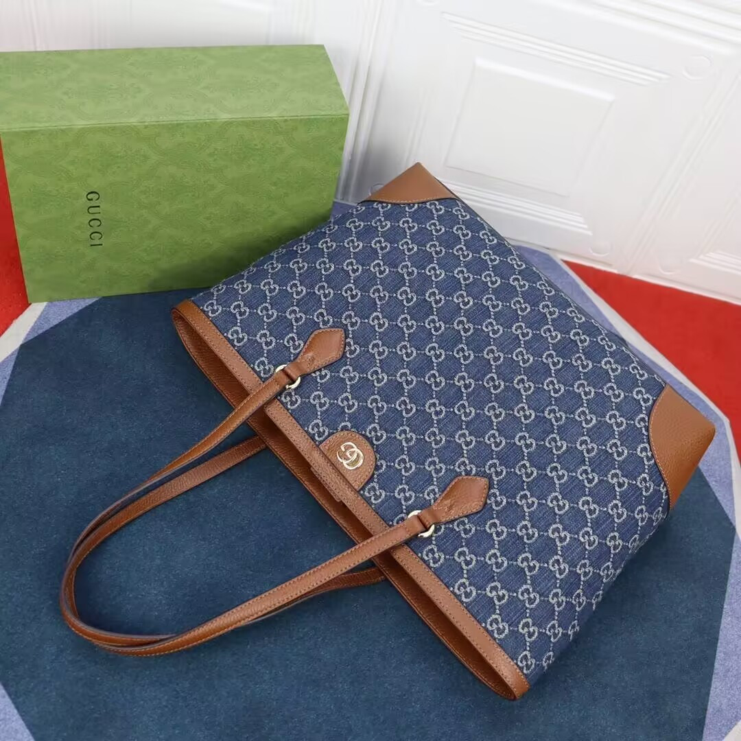 G*u*i Denim GG Monogram Medium Ophidia Shopping Tote 38x28x14cm
