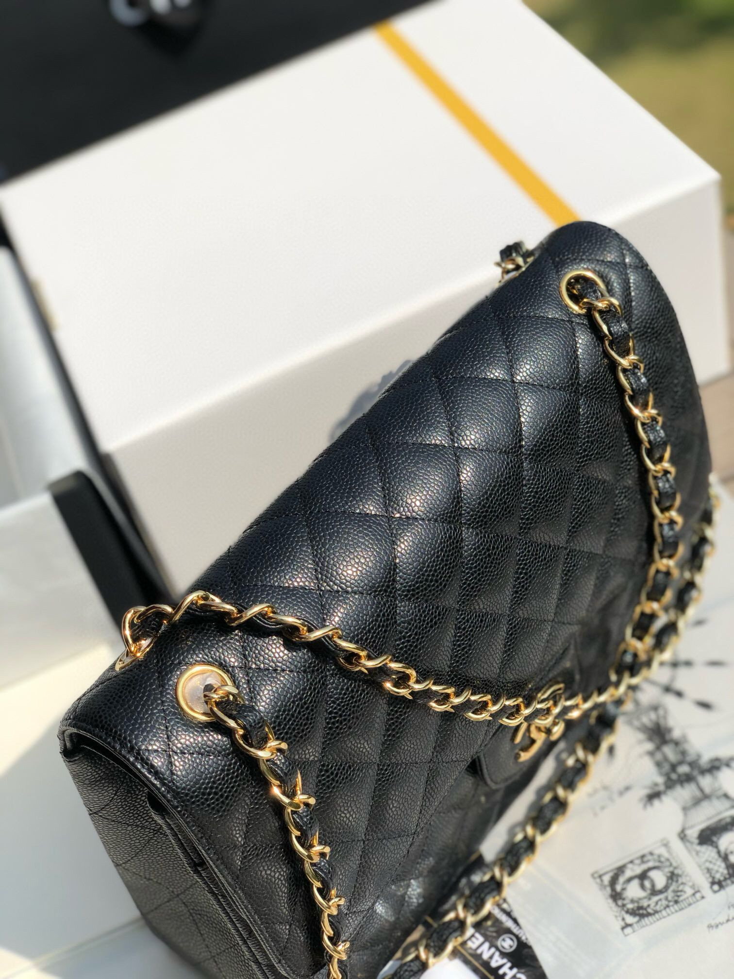 Ch*el Classic Flap Jumbo 30cm CF Black Gold 7.6 × 11.7 × 3.9 in