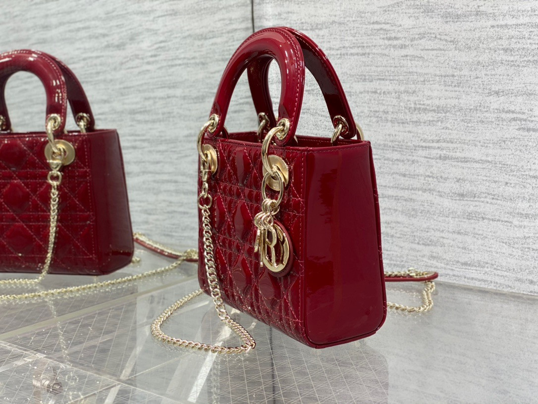 Mini Lady D*0r Bag  Cherry Red Patent Cannage Calfskin 6.5 x 6 x 3 inches