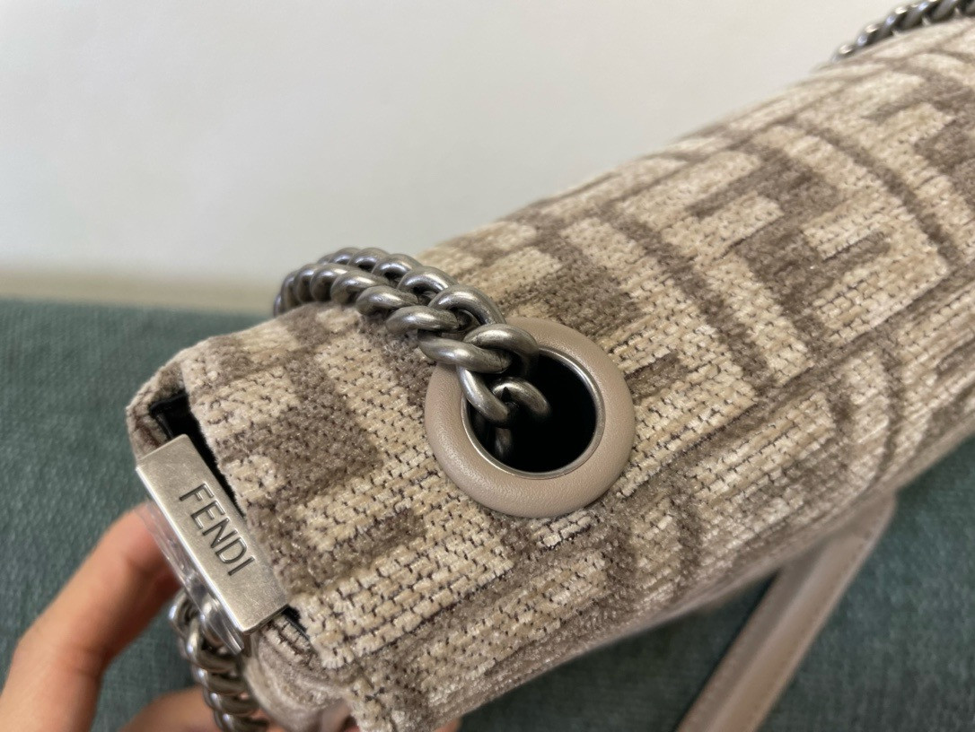 F**di Baguette Chain Midi dove gray tapestry fabric bag with FF motif SILVER 14.5x7x24 cm