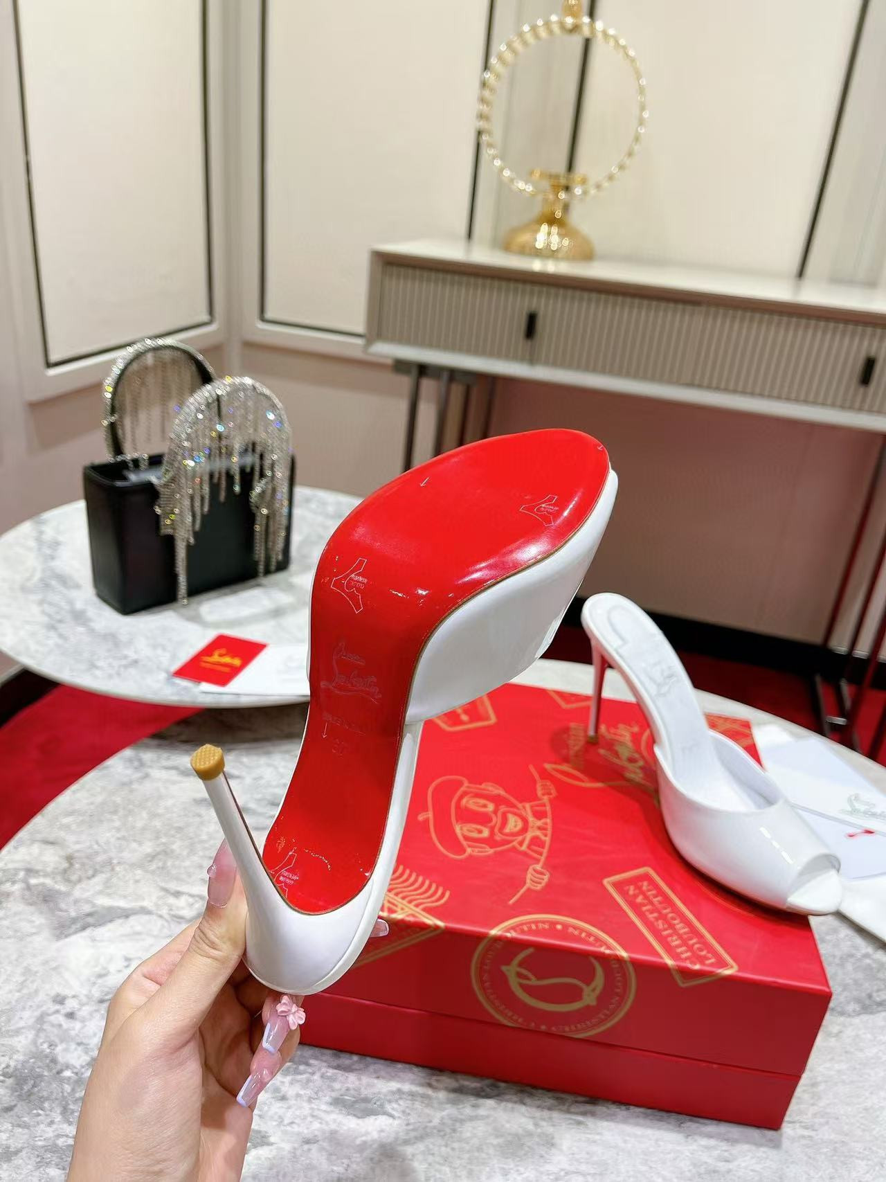 UA Ch**an Louboutin Bridal Me Dolly 100 Patent Leather Mules