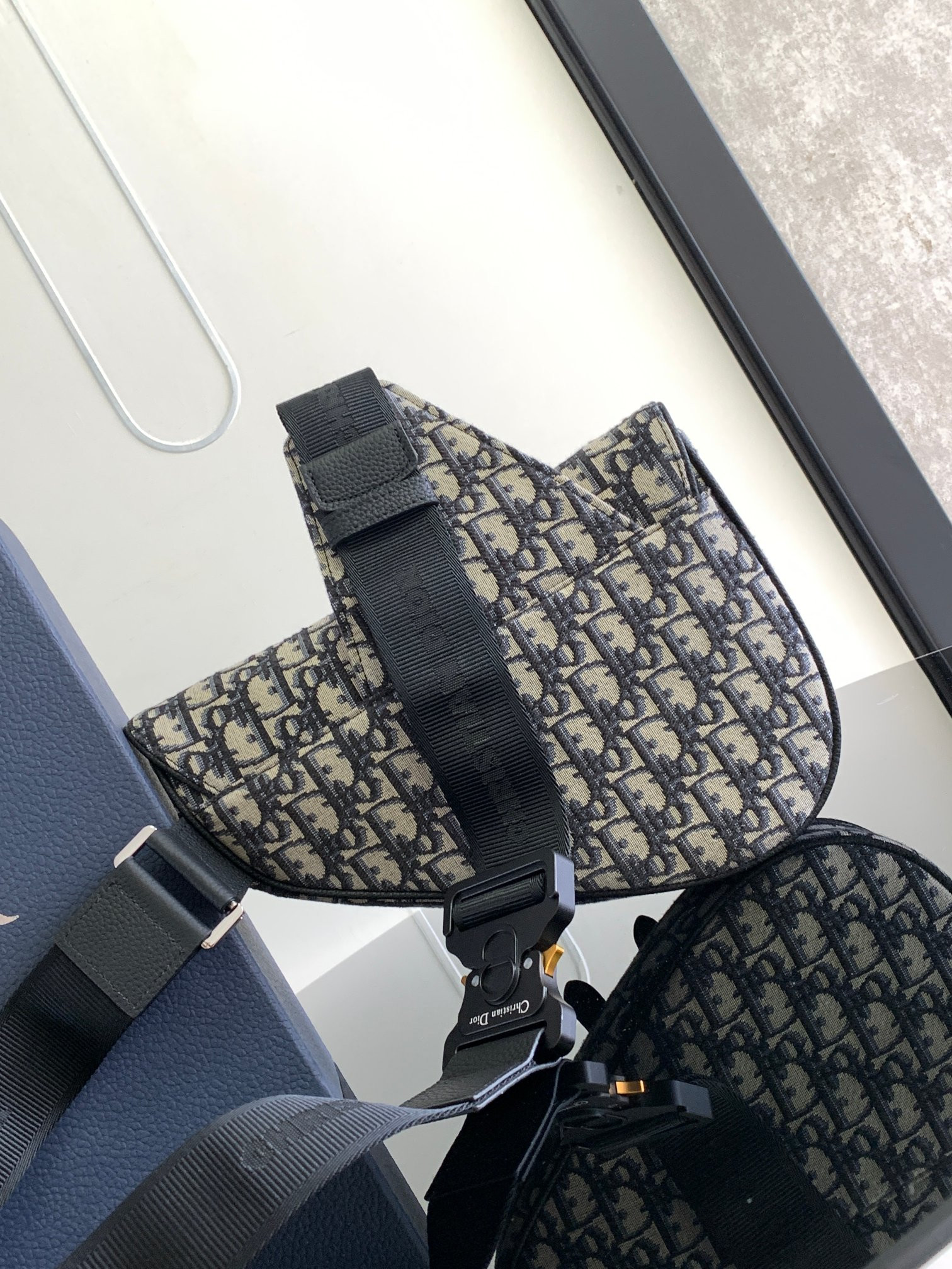 D*0r Saddle Bag Beige and Black D*0r Oblique Jacquard 26 x 19 x 4.5 cm