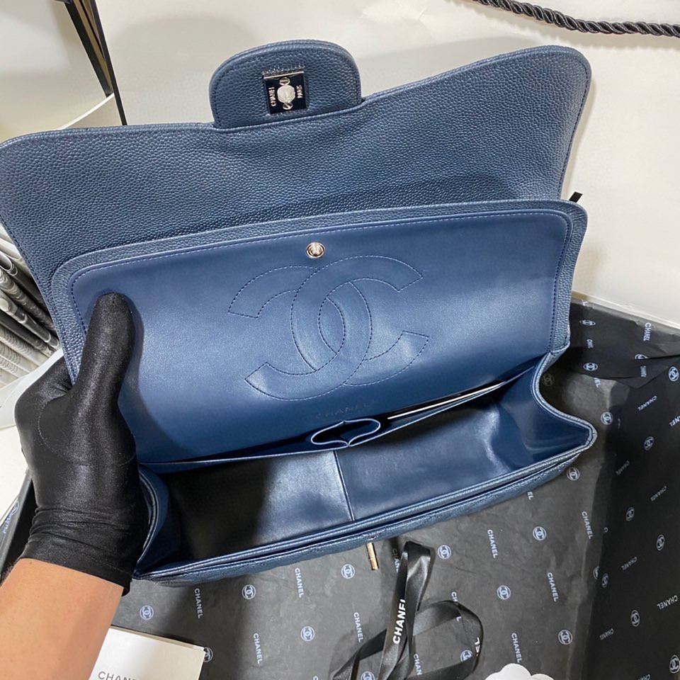 Ch*el Classic Flap Jumbo 30cm CF Blue Silver 7.6 × 11.7 × 3.9 in