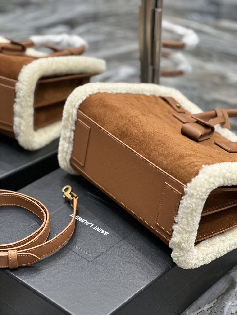 Y*L SAC DE JOUR S*pPLE BABY IN SUEDE AND SHEARLING DARK CIGAR AND NATURAL BEIGE