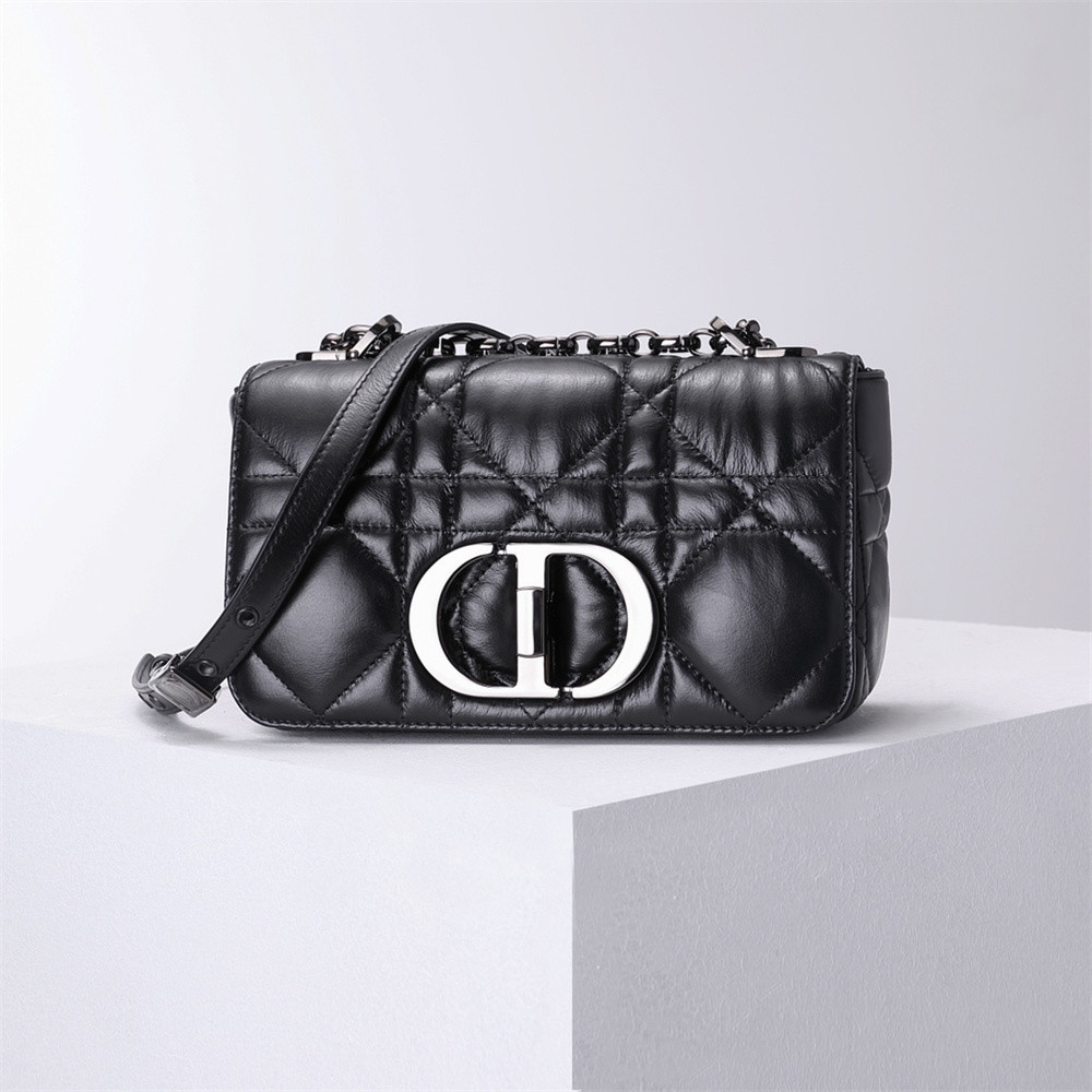 LARGE D*0r CARO BAG Black S*pple Cannage Calfskin With Silver Hardware 29 x 18 x 10 cm