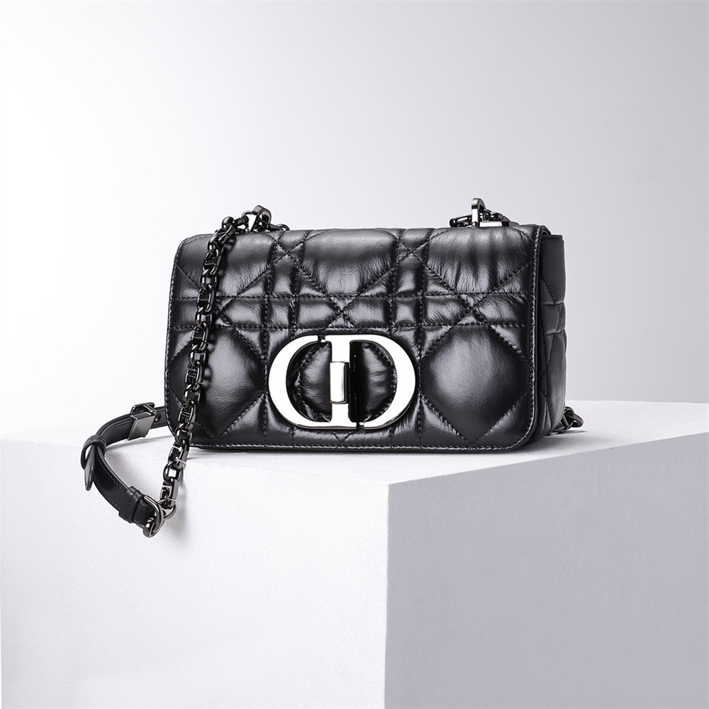 SMALL D*0r CARO BAG BLACK S*pple Cannage Calfskin With Silver Hardware 20 x 12 x 7 cm