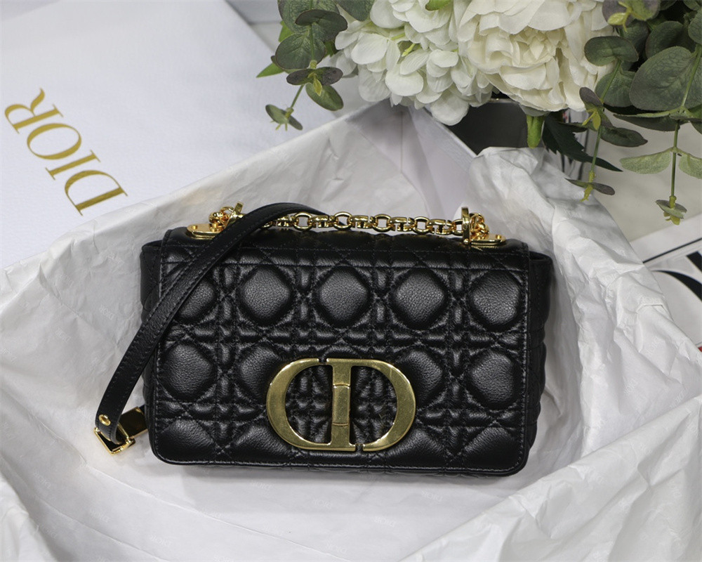 SMALL D*0r CARO BAG Black S*pple Cannage Calfskin 20 x 12 x 7 cm