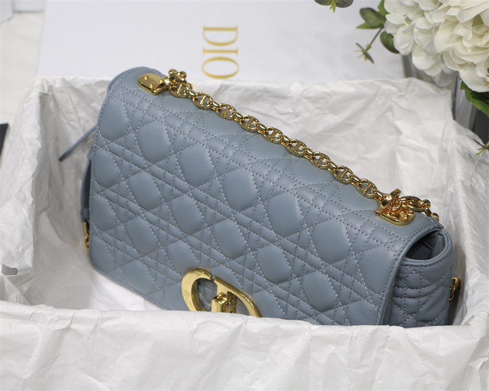 LARGE D*0r CARO BAG Light Blue S*pple Cannage Calfskin 29 x 18 x 10 cm