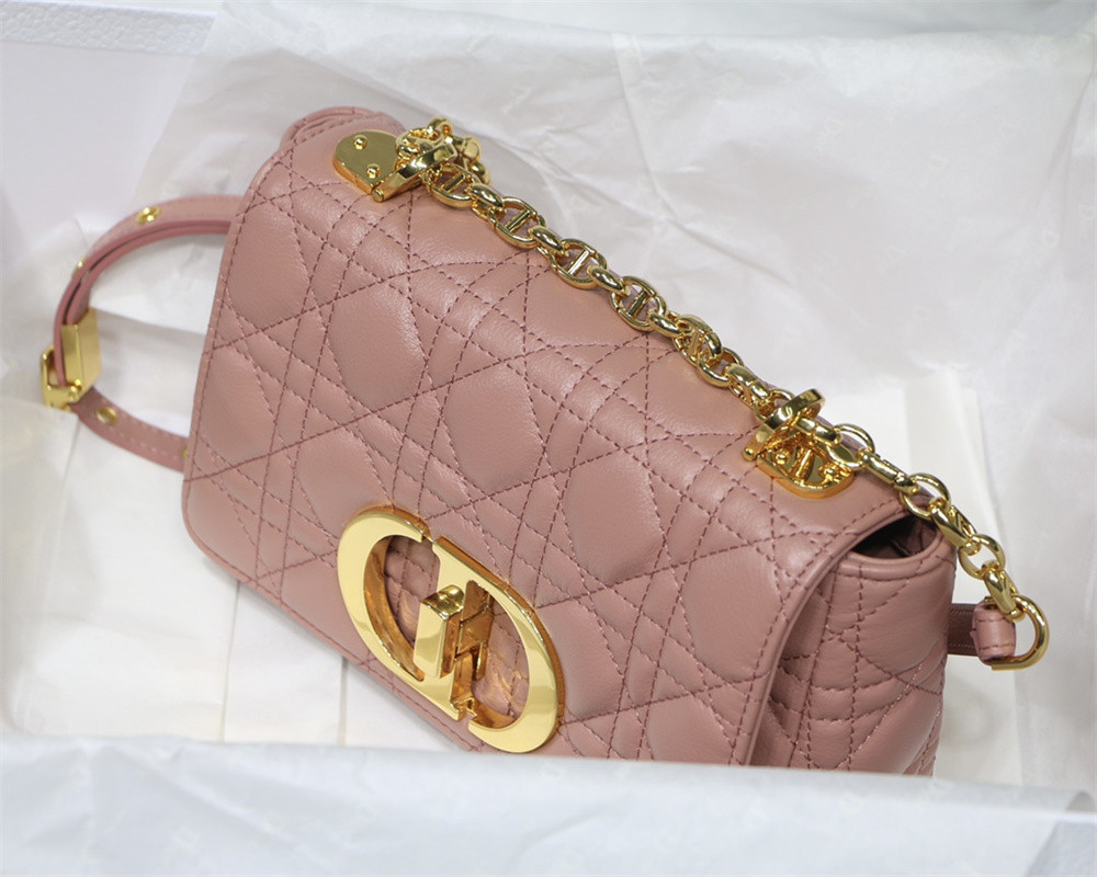 SMALL D*0r CARO BAG PINK S*pple Cannage Calfskin With Silver Hardware 20 x 12 x 7 cm