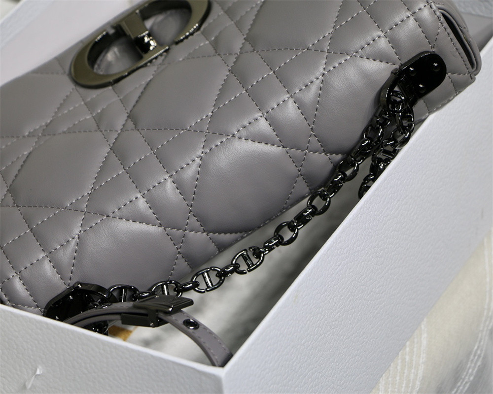 MEDIUM D*0r CARO BAG Grey S*pple Cannage Calfskin With Black Hardware 25.5 x 15.5 x 8 cm