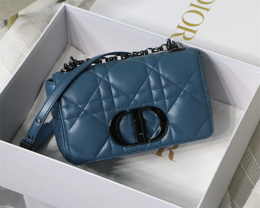 SMALL D*0r CARO BAG Navy S*pple Cannage Calfskin With Silver Hardware 20 x 12 x 7 cm