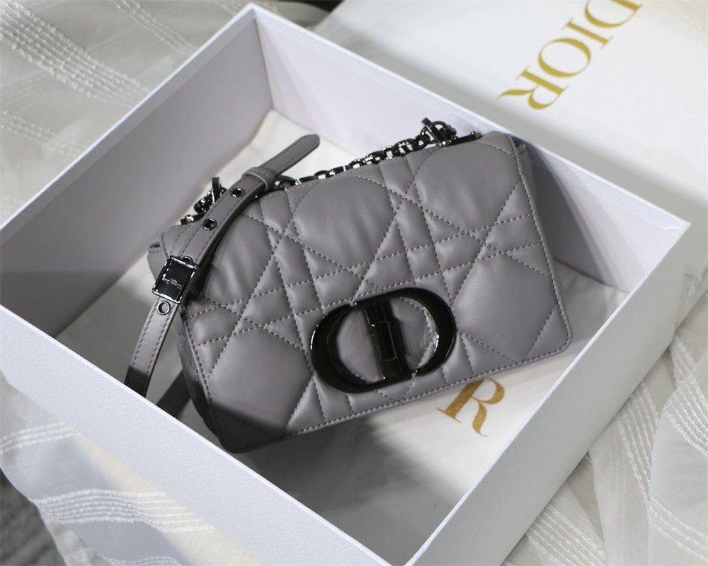 SMALL D*0r CARO BAG Grey S*pple Cannage Calfskin With Silver Hardware 20 x 12 x 7 cm