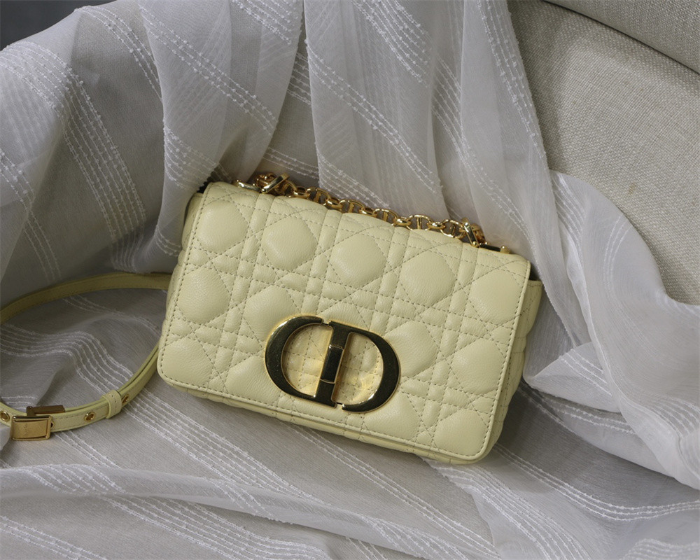 SMALL D*0r CARO BAG Light Yellow S*pple Cannage Calfskin 20 x 12 x 7 cm