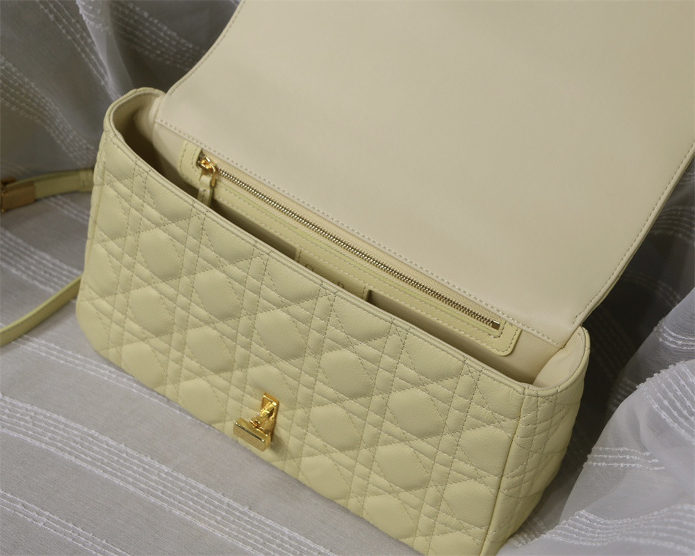 LARGE D*0r CARO BAG light yellow S*pple Cannage Calfskin 29 x 18 x 10 cm