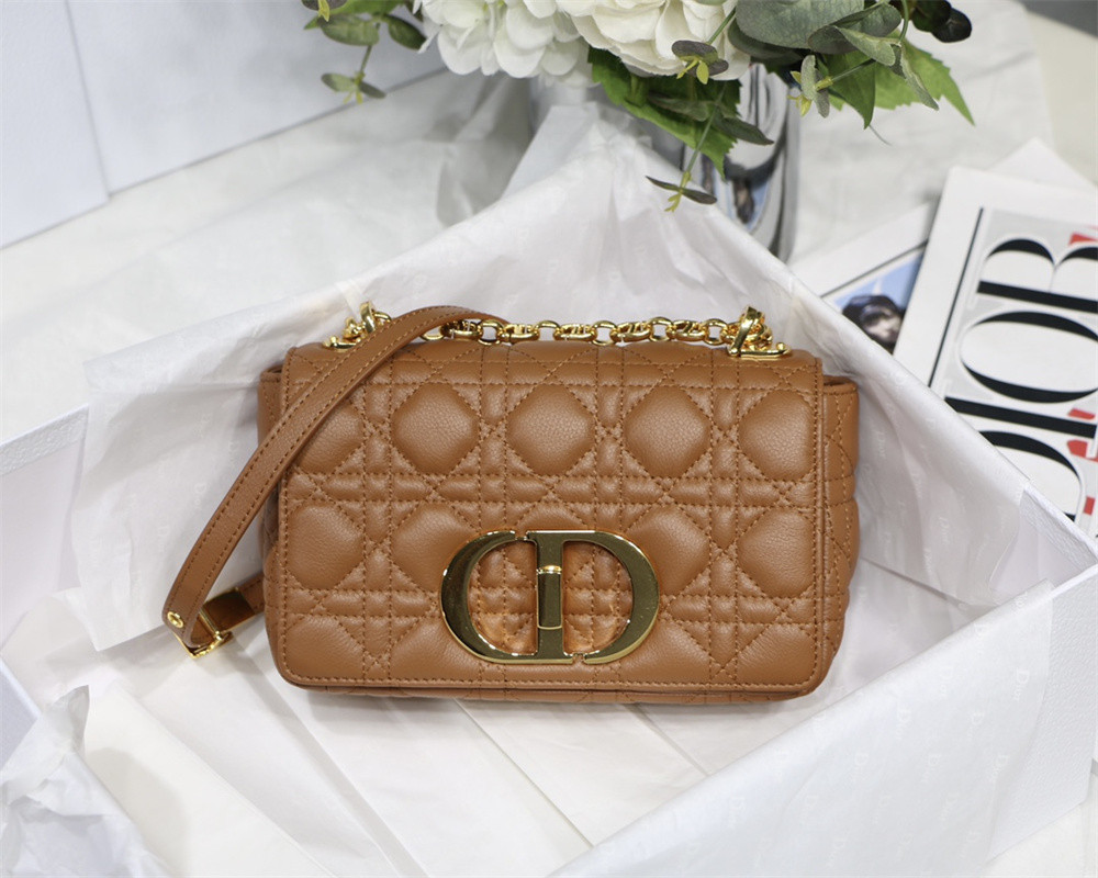 SMALL D*0r CARO BAG Caramel S*pple Cannage Calfskin 20 x 12 x 7 cm
