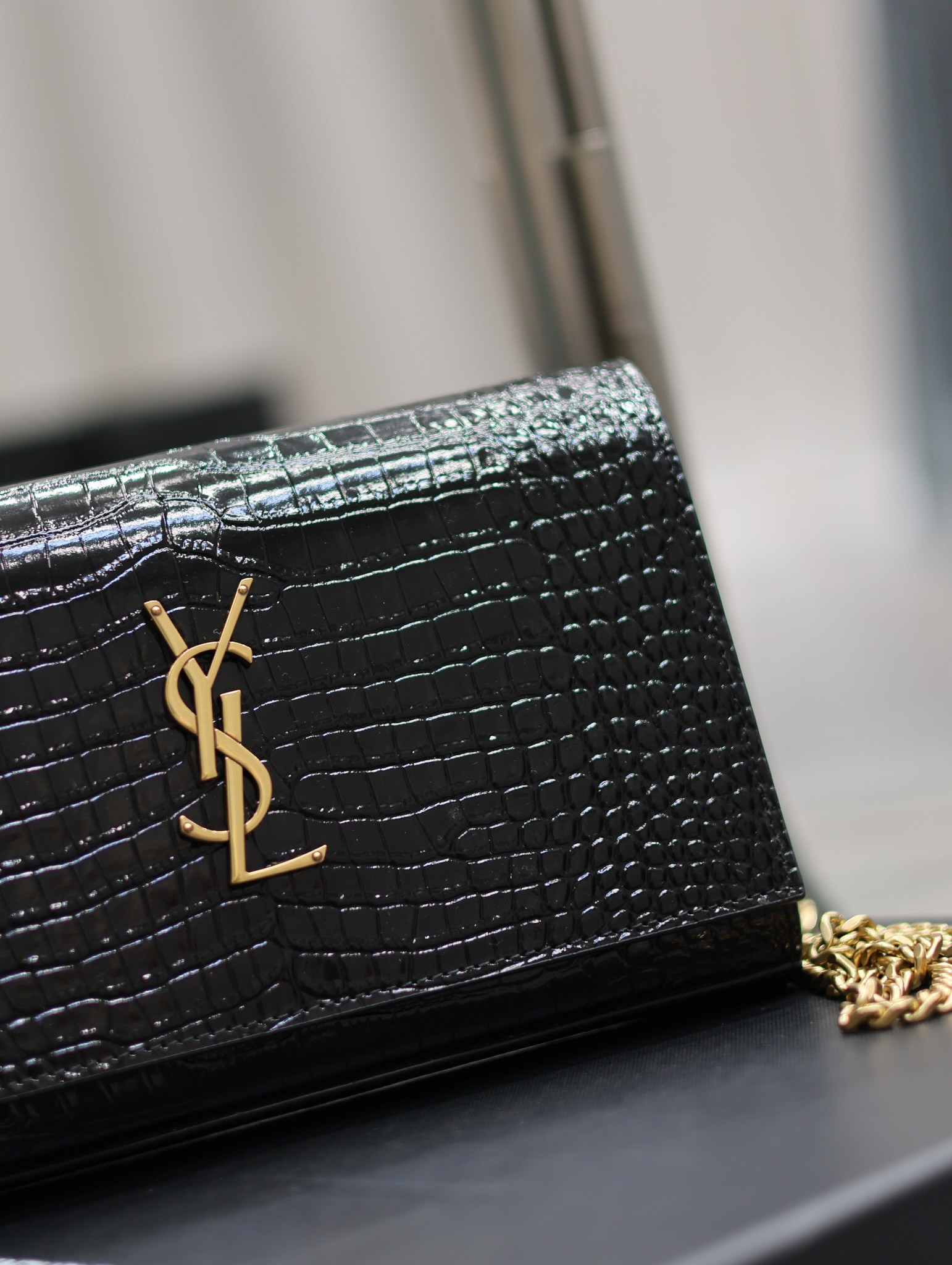 Y*L CASSANDRE CHAIN WALLET IN CROCODILE-EMBOSSED SHINY LEATHER