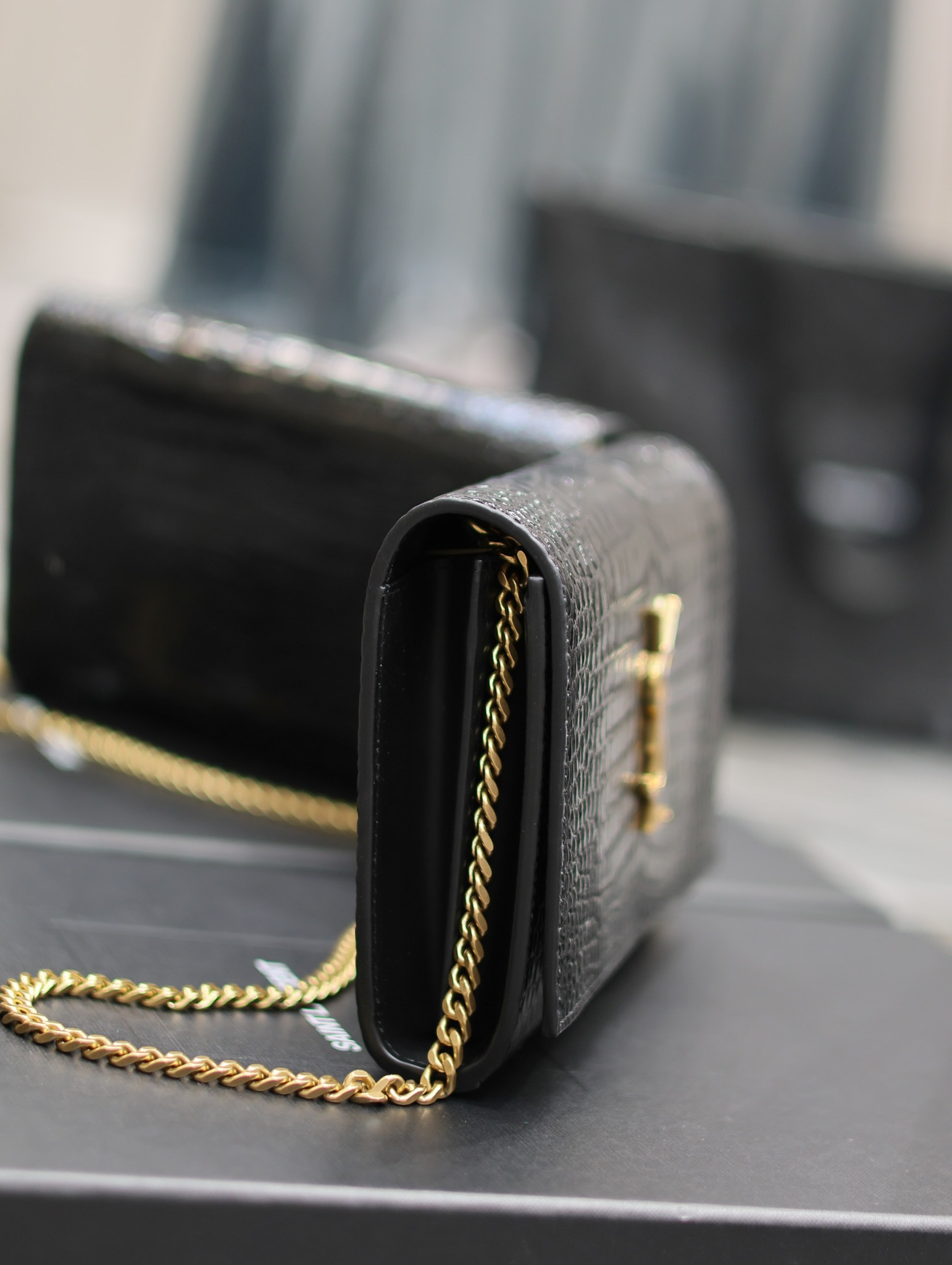 Y*L CASSANDRE CHAIN WALLET IN CROCODILE-EMBOSSED SHINY LEATHER
