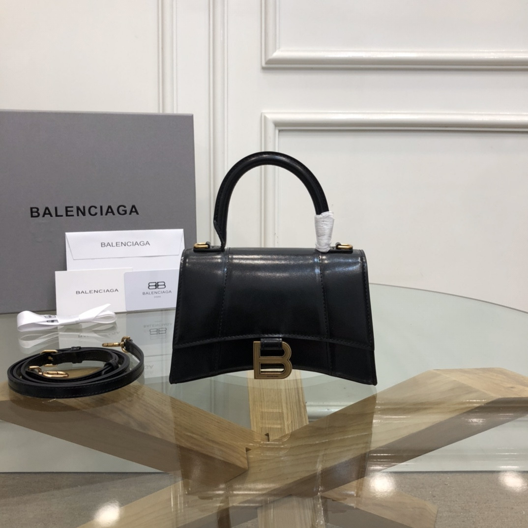 Ba*len*cia*ga WOMEN'S HOURGLASS MINI HANDBAG BOX IN BLACK WITH GOLD HARDWARE L7.4 x H5.1 x W3.1 inch