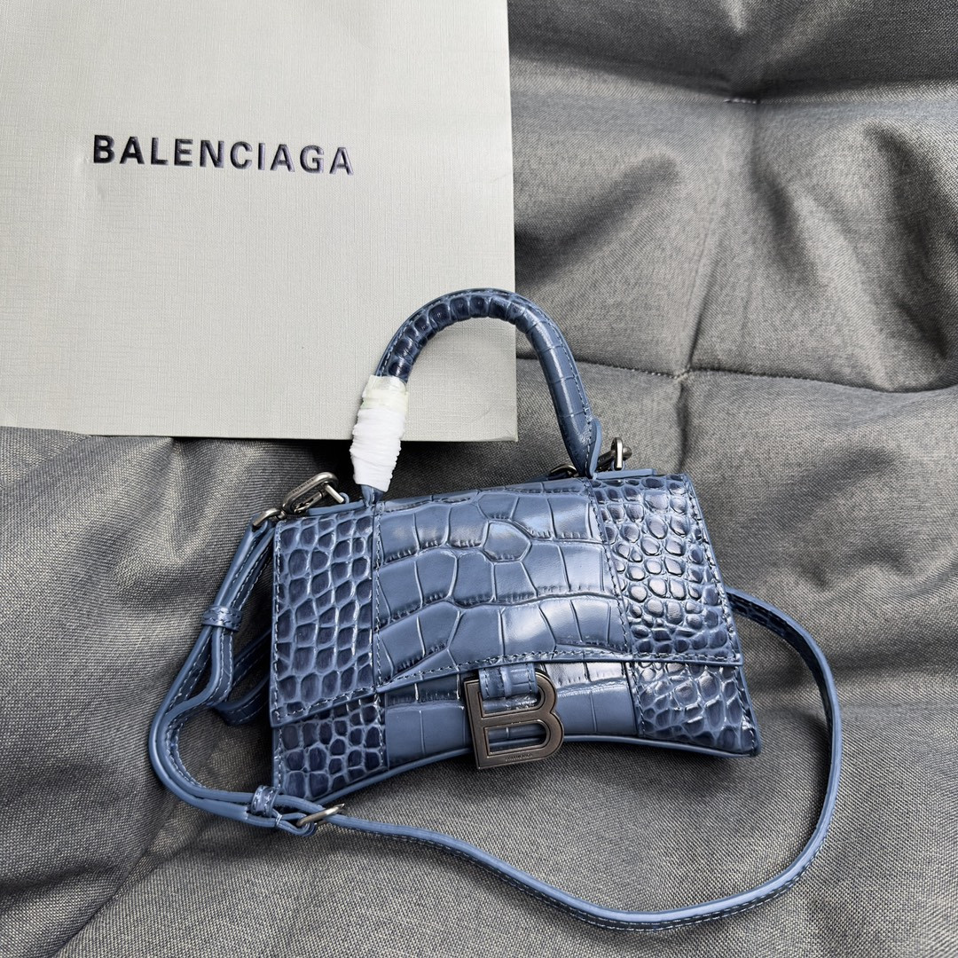 Ba*len*cia*ga WOMEN'S HOURGLASS MINI HANDBAG CROCODILE EMBOSSED IN BLUE L7.4 x H5.1 x W3.1 inch