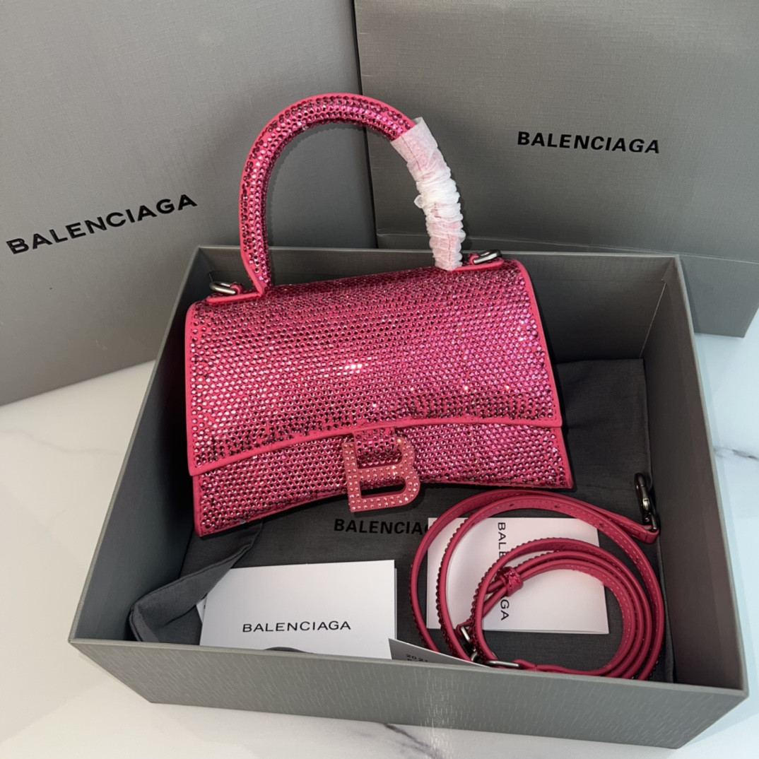Ba*len*cia*ga WOMEN'S HOURGLASS MINI HANDBAG With Rhinestones Rosered L7.4 x H5.1 x W3.1 inch