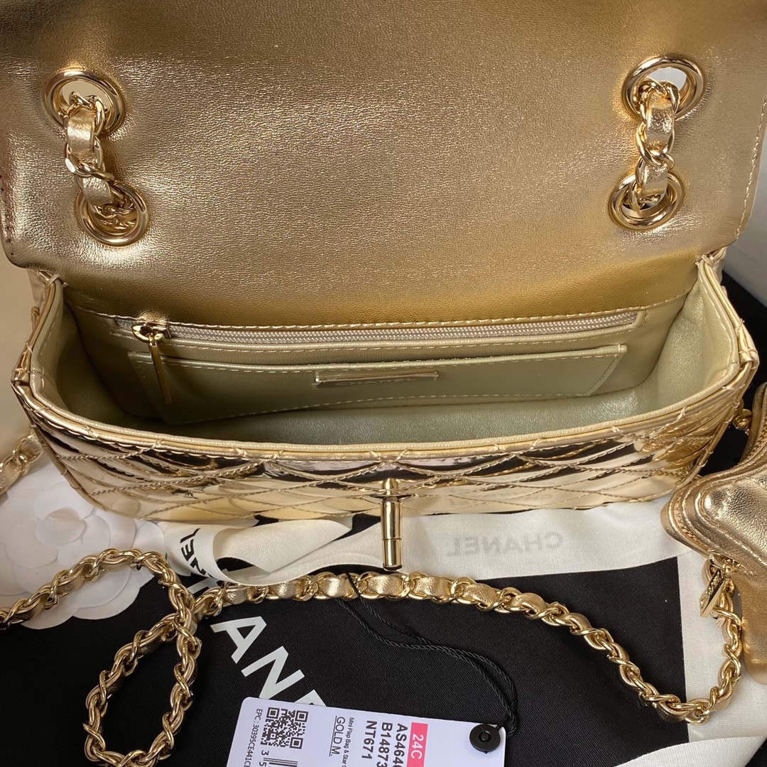 Ch*el FLAP BAG & STAR COIN PURSE GOLD 12.5×19×5cm