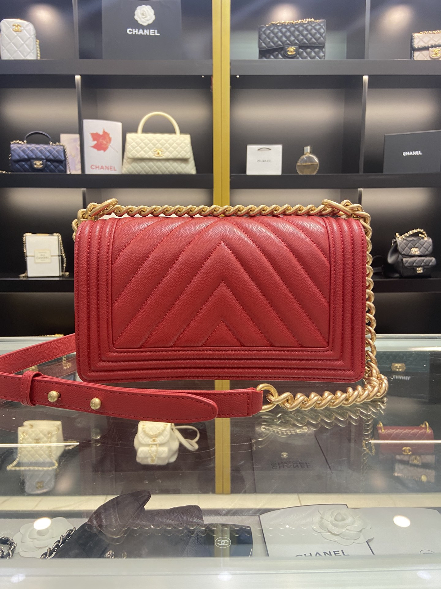 BOY Ch*el HANDBAG Shiny Red Grained Calfskin & Gold-Tone Metal 5.9 × 9.8 × 3.5 in