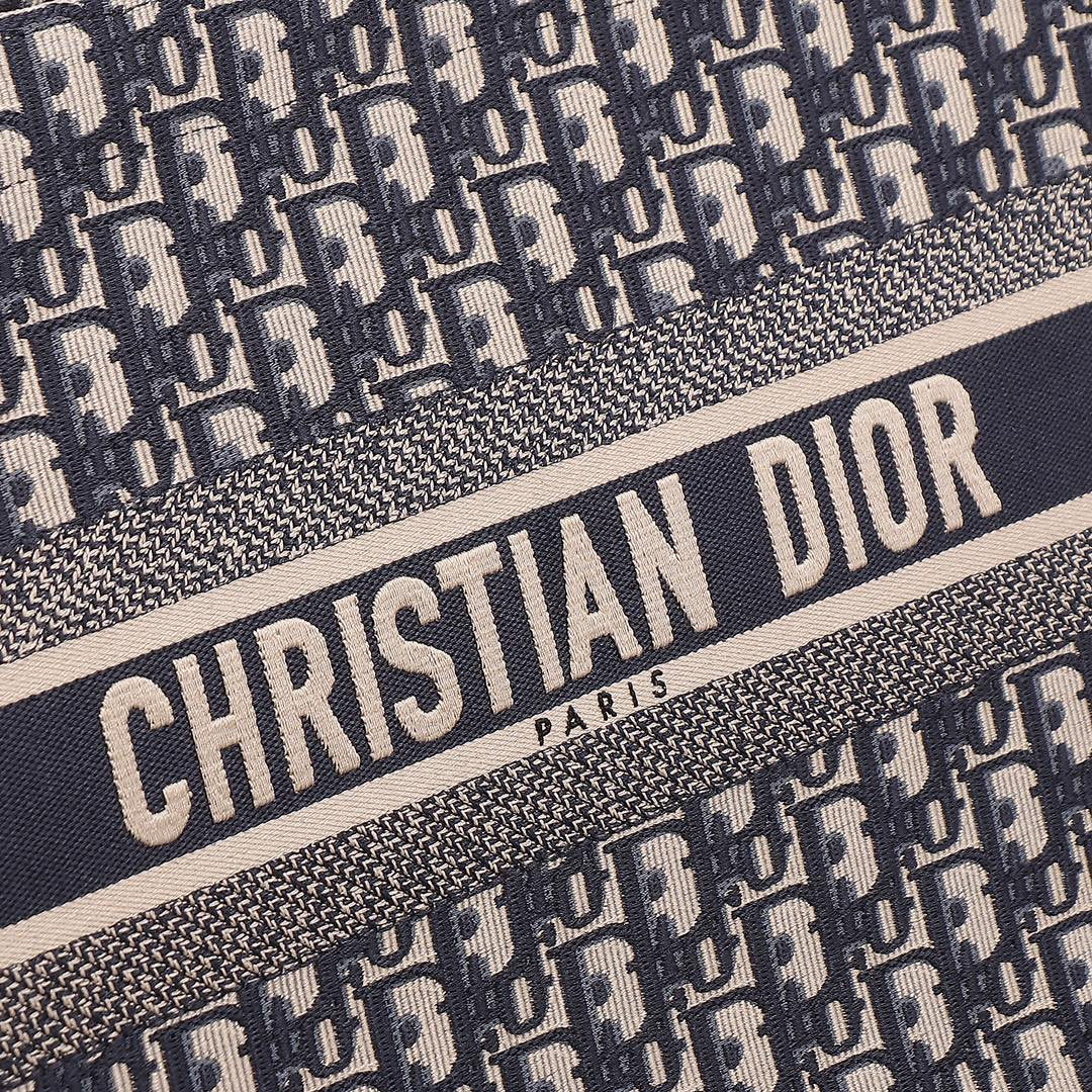 Medium D*0r Book Tote  Ecru and Blue D*0r Oblique Embroidery 14 x 11 x 6.5 inches