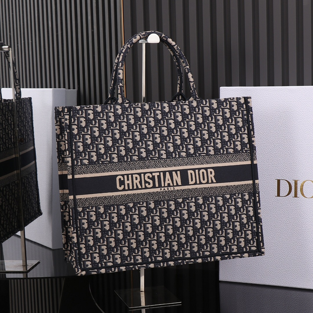 Large D*0r Book Tote  Ecru and Blue D*0r Oblique Embroidery 16.5 x 14 x 7.5 inches