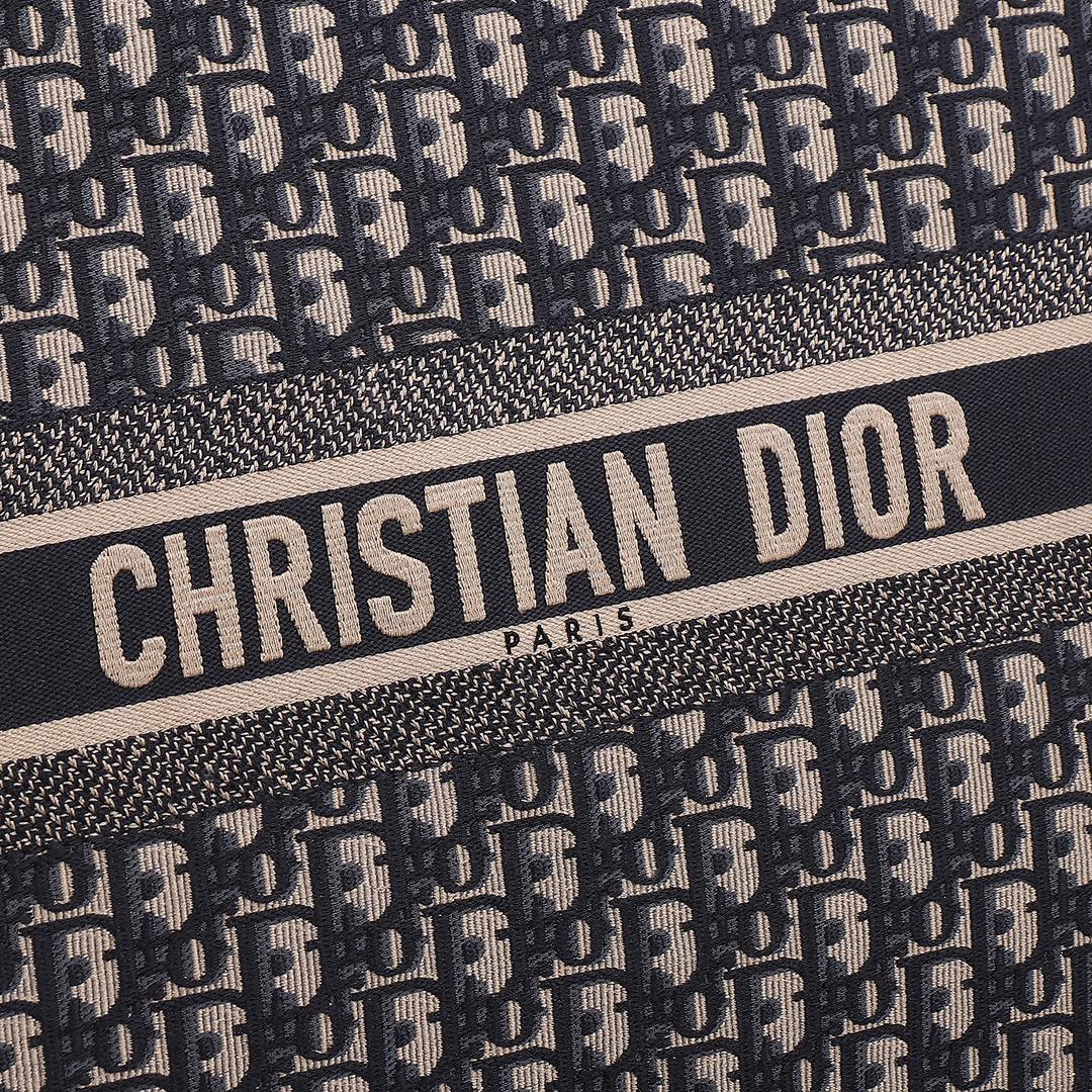 Large D*0r Book Tote  Ecru and Blue D*0r Oblique Embroidery 16.5 x 14 x 7.5 inches