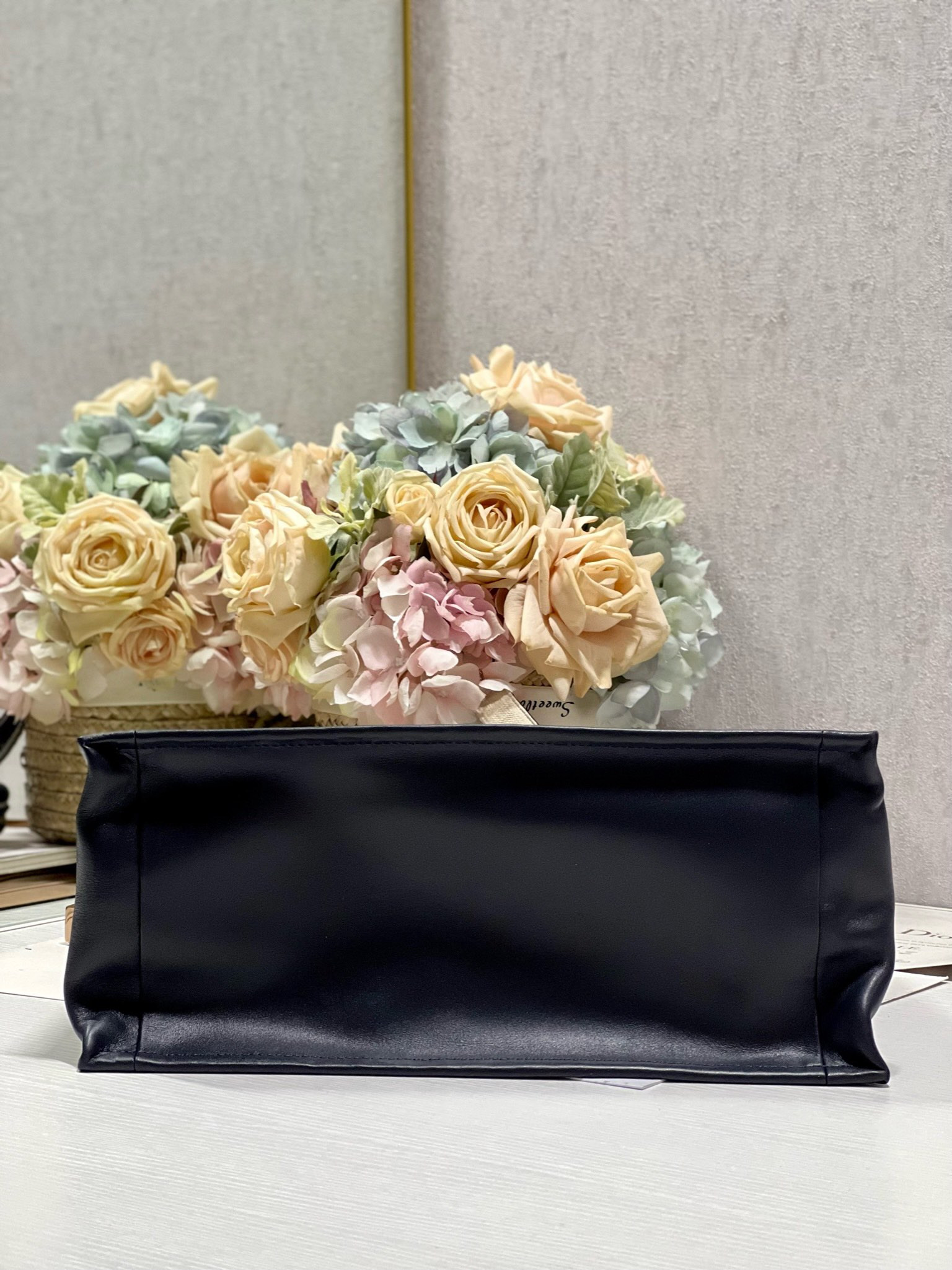 Medium D*0r Book Tote Ecru and Blue D*0r Oblique Embroidery 14 x 11 x 6.5 inches