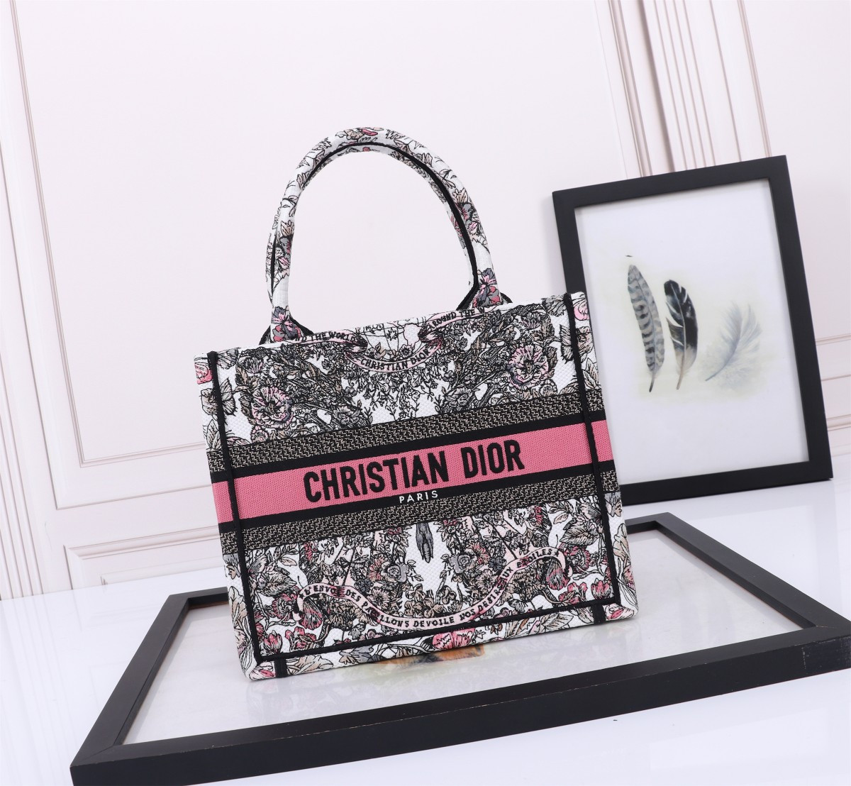 Small D*0r BOOK TOTE WHITE AND PASTEL PINK BUTTERFLY AROUND THE WORLD EMBROIDERY  10.5 x 8.5 x 5.5 inches