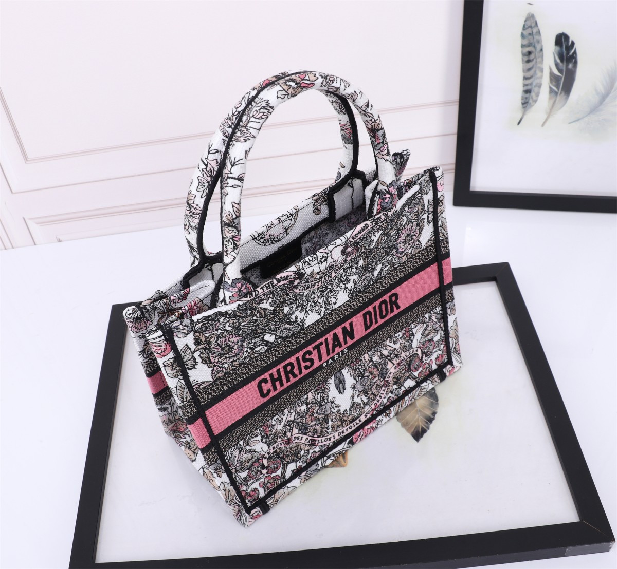 Small D*0r BOOK TOTE WHITE AND PASTEL PINK BUTTERFLY AROUND THE WORLD EMBROIDERY  10.5 x 8.5 x 5.5 inches