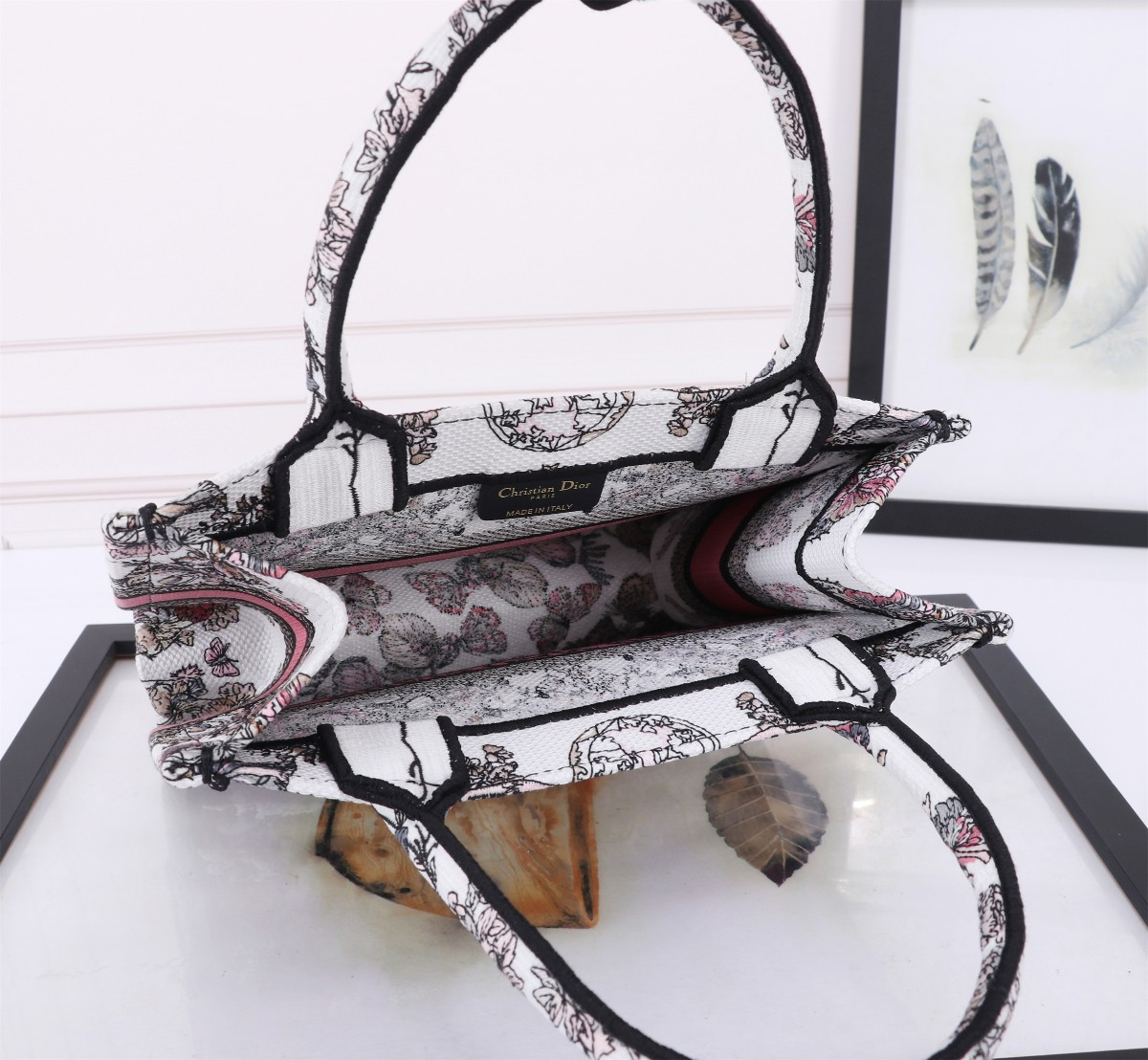 Small D*0r BOOK TOTE WHITE AND PASTEL PINK BUTTERFLY AROUND THE WORLD EMBROIDERY  10.5 x 8.5 x 5.5 inches