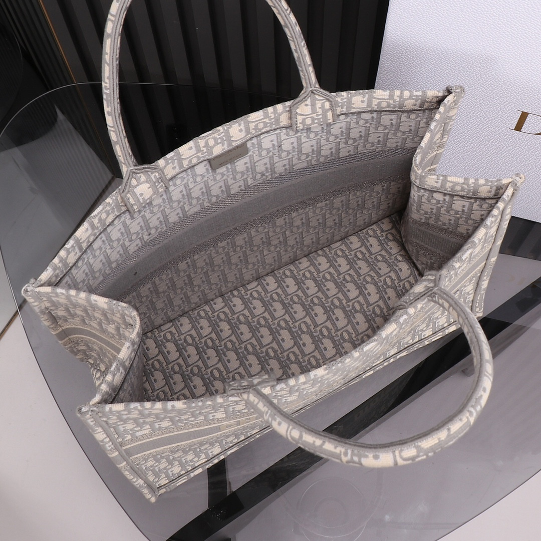 Large D*0r Book Tote Ecru and Gray D*0r Oblique Embroidery 16.5 x 14 x 7.5 inches