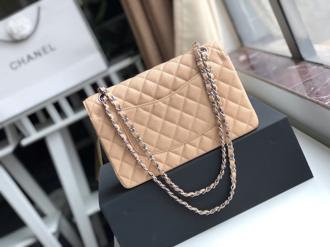 Ch*el CLASSIC HANDBAG GRAINED CALFSKIN & SILVER-TONE METAL COFFEE 6 × 9.9 × 2.5 in