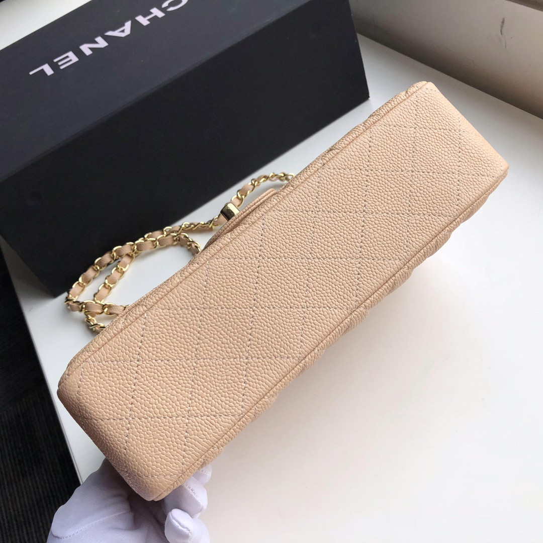 Ch*el CLASSIC HANDBAG GRAINED CALFSKIN & Gold-TONE METAL COFFEE 6 × 9.9 × 2.5 in