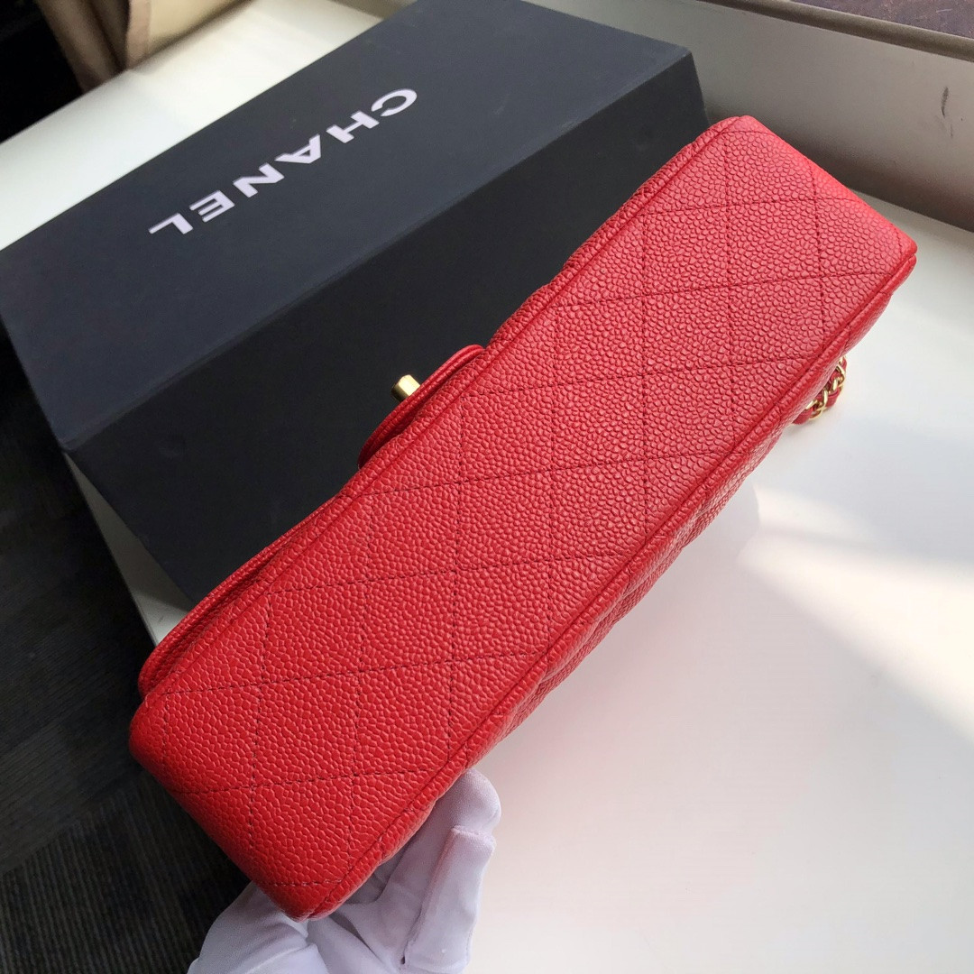 Ch*el CLASSIC HANDBAG GRAINED CALFSKIN & gold-TONE METAL SHINY red 6 × 9.9 × 2.5 in