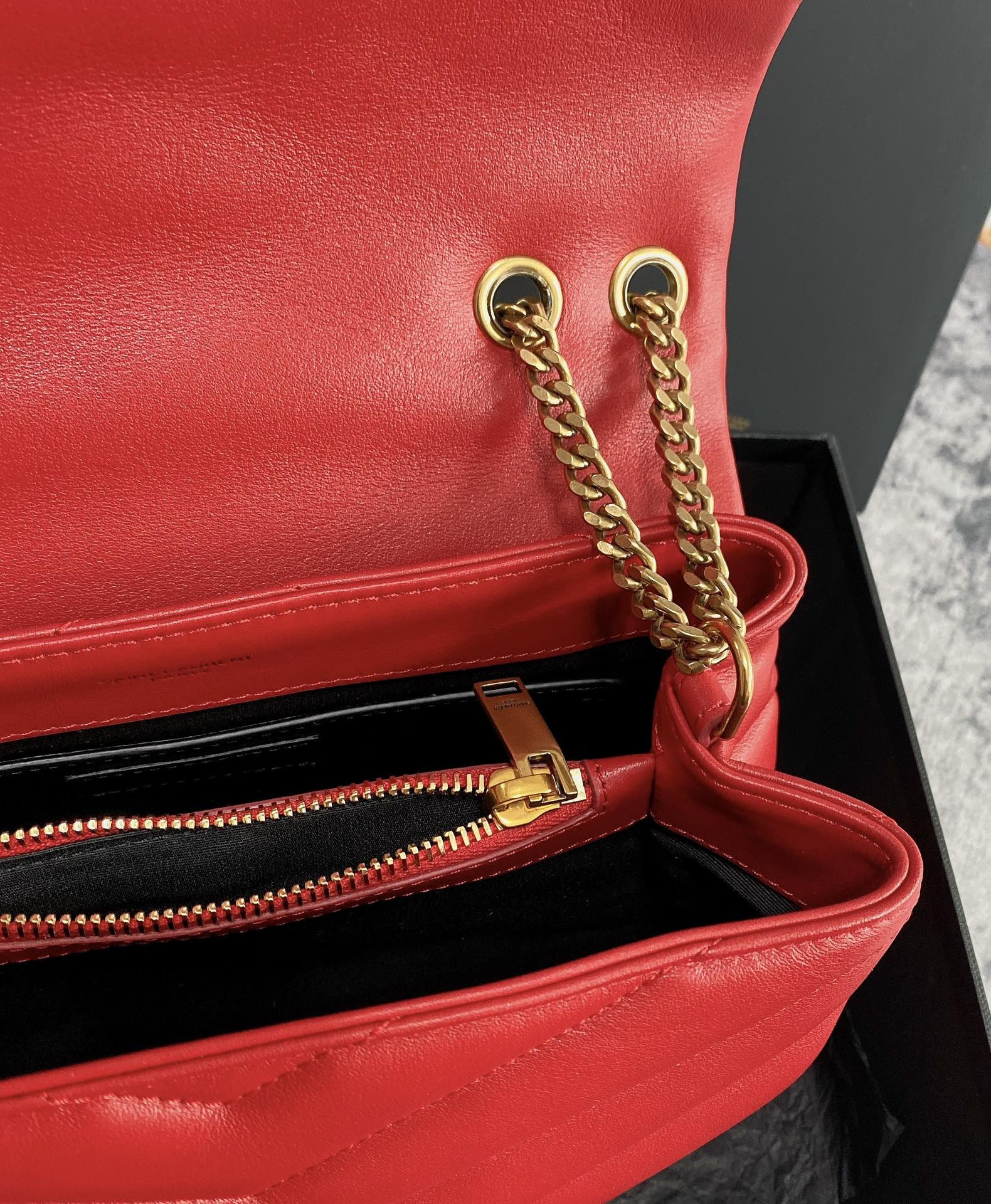 Y*L LOULOU SMALL IN QUILTED LEATHER SHINY RED GOLD 9 X 6.1 X 3.3 INCHES