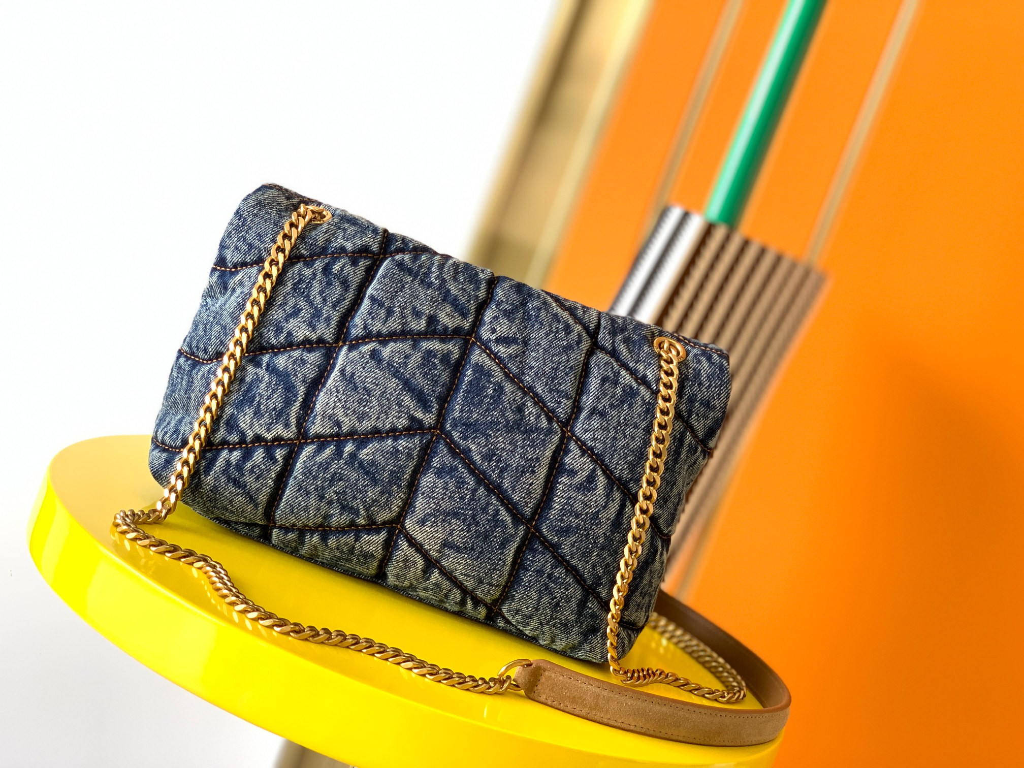 Y*L PUFFER IN SUEDE AND DENIM RODEO BLUE 23 X 15.5 X 5.8 CM