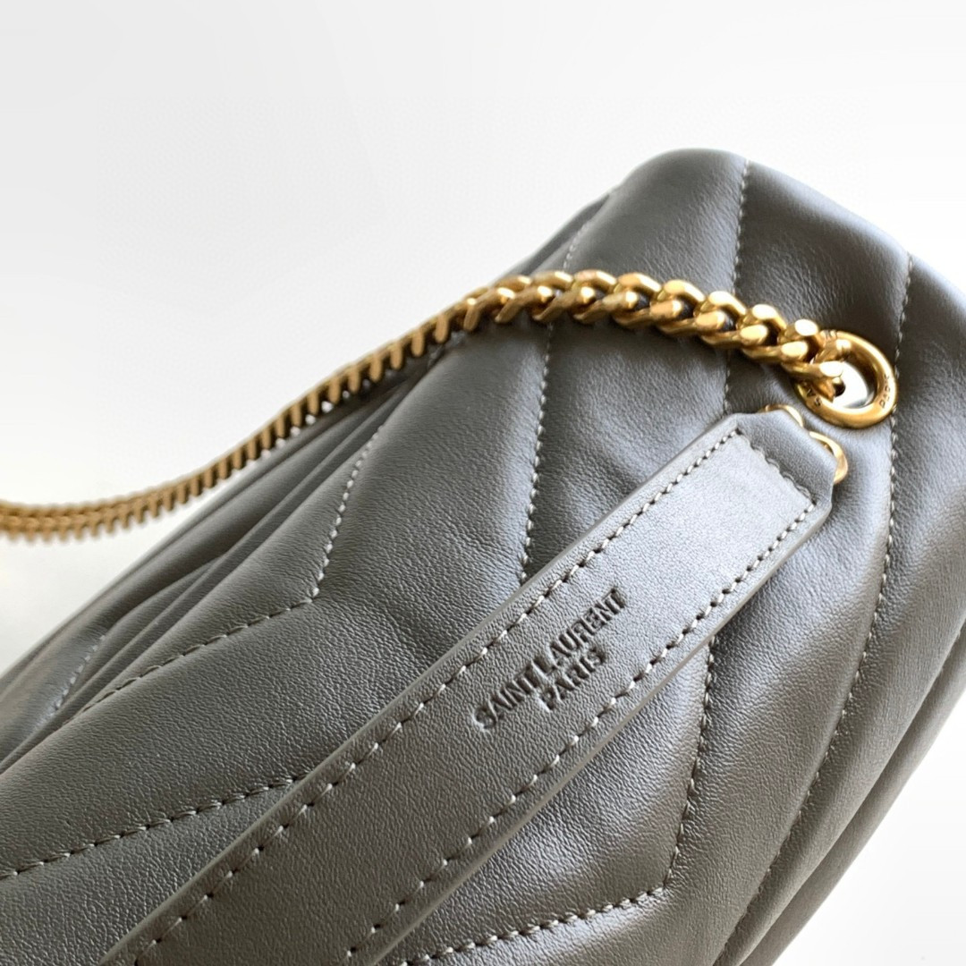 Y*L LOULOU SMALL IN QUILTED LEATHER GRAY GOLD 9 X 6.1 X 3.3 INCHES