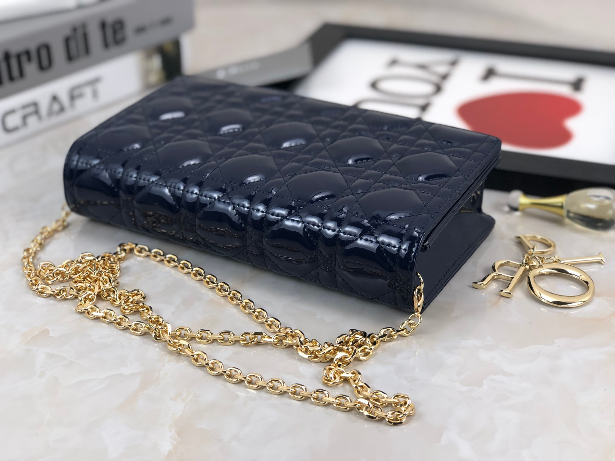 Lady D*0r Pouch  Navy Patent Cannage Calfskin 8.5 x 4.5 x 1 inches