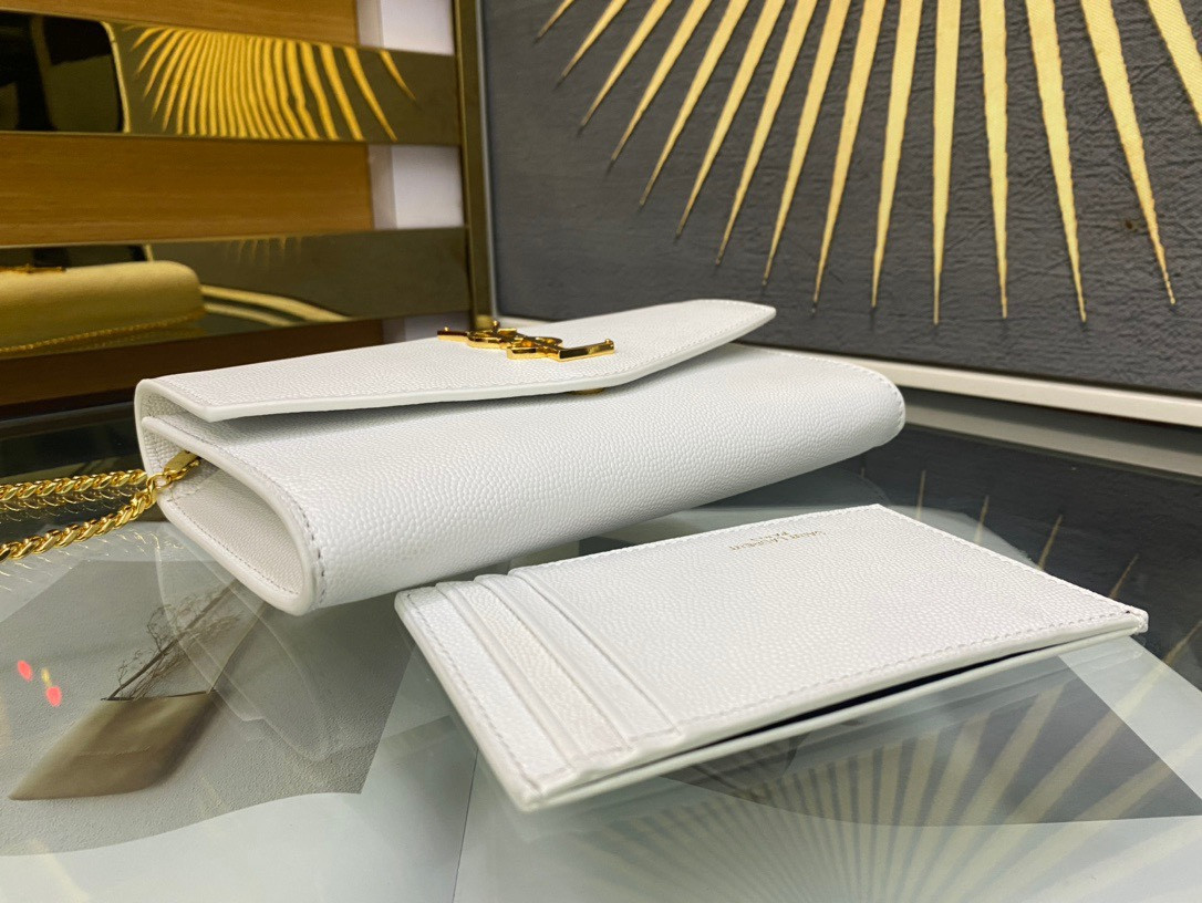 Y*L UPTOWN CHAIN WALLET IN GRAIN DE POUDRE EMBOSSED LEATHER BLANC VINTAGE 7.5 X 4.7 X 1.2 INCHES