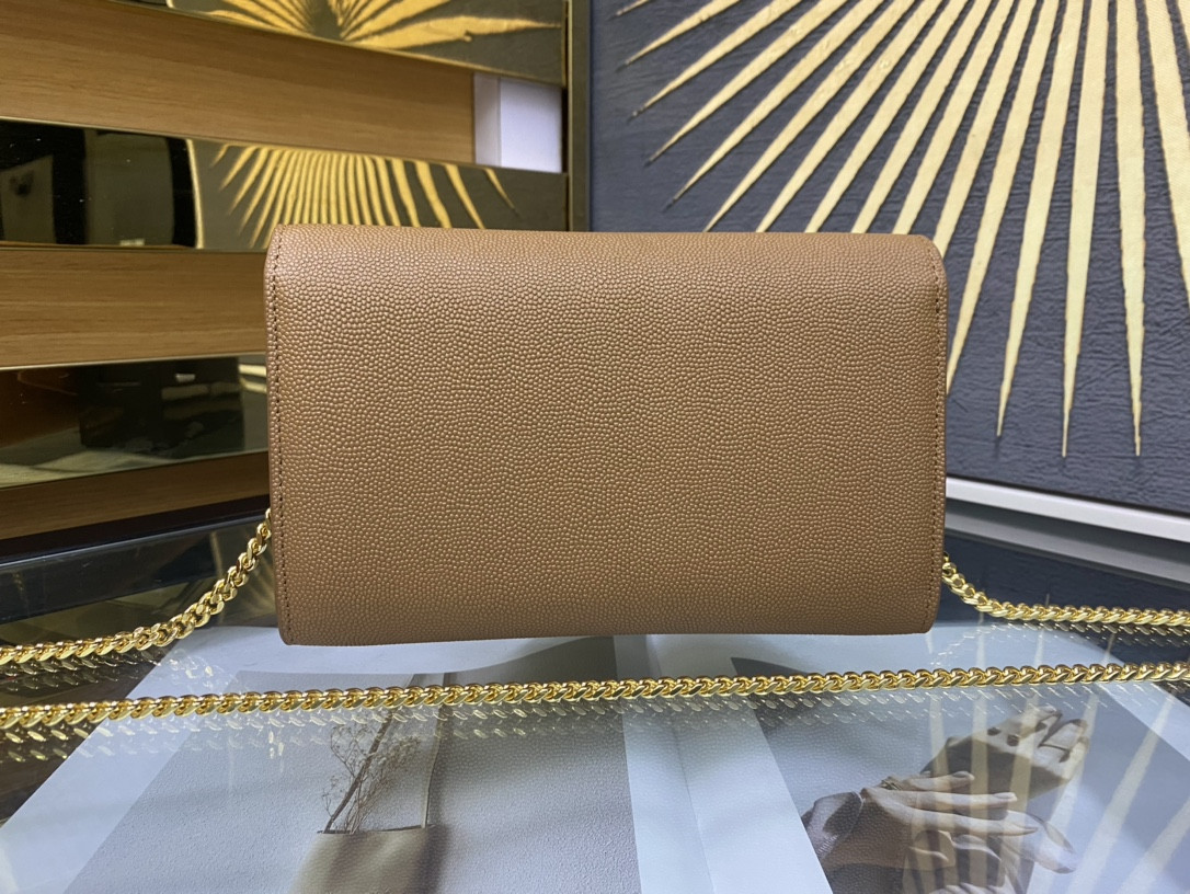 Y*L UPTOWN CHAIN WALLET IN GRAIN DE POUDRE EMBOSSED LEATHER TAUPE 7.5 X 4.7 X 1.2 INCHES