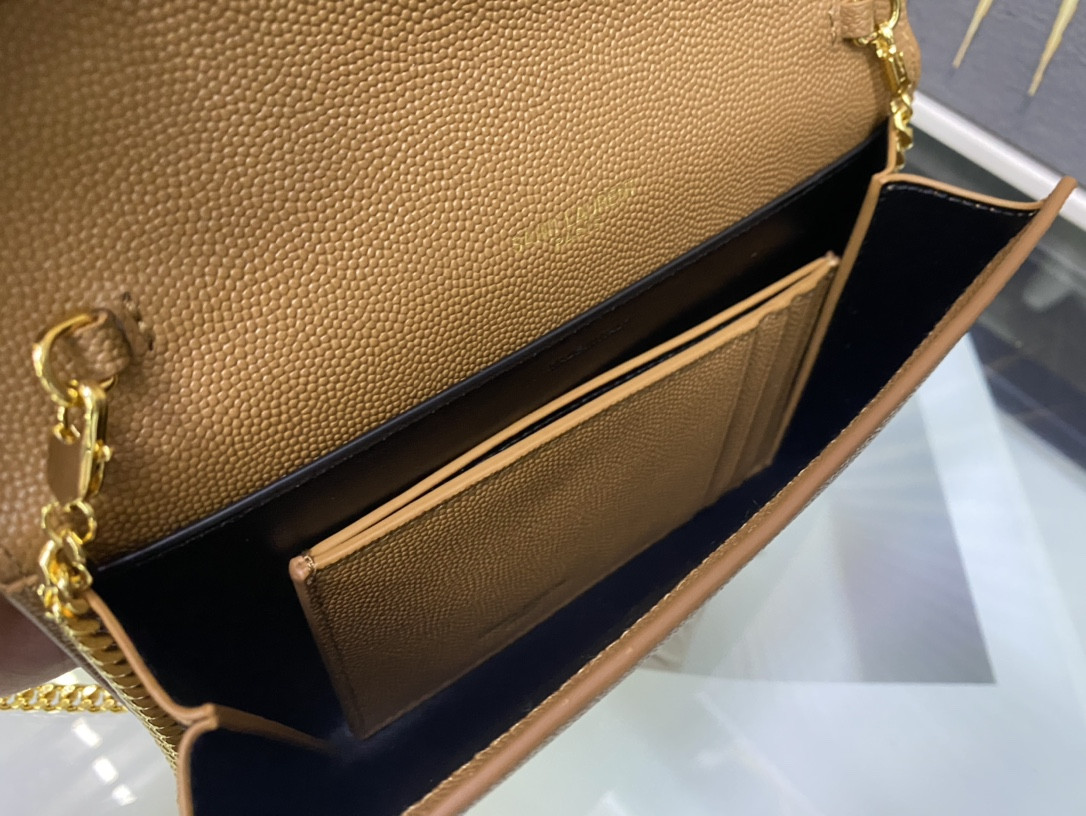 Y*L UPTOWN CHAIN WALLET IN GRAIN DE POUDRE EMBOSSED LEATHER TAUPE 7.5 X 4.7 X 1.2 INCHES