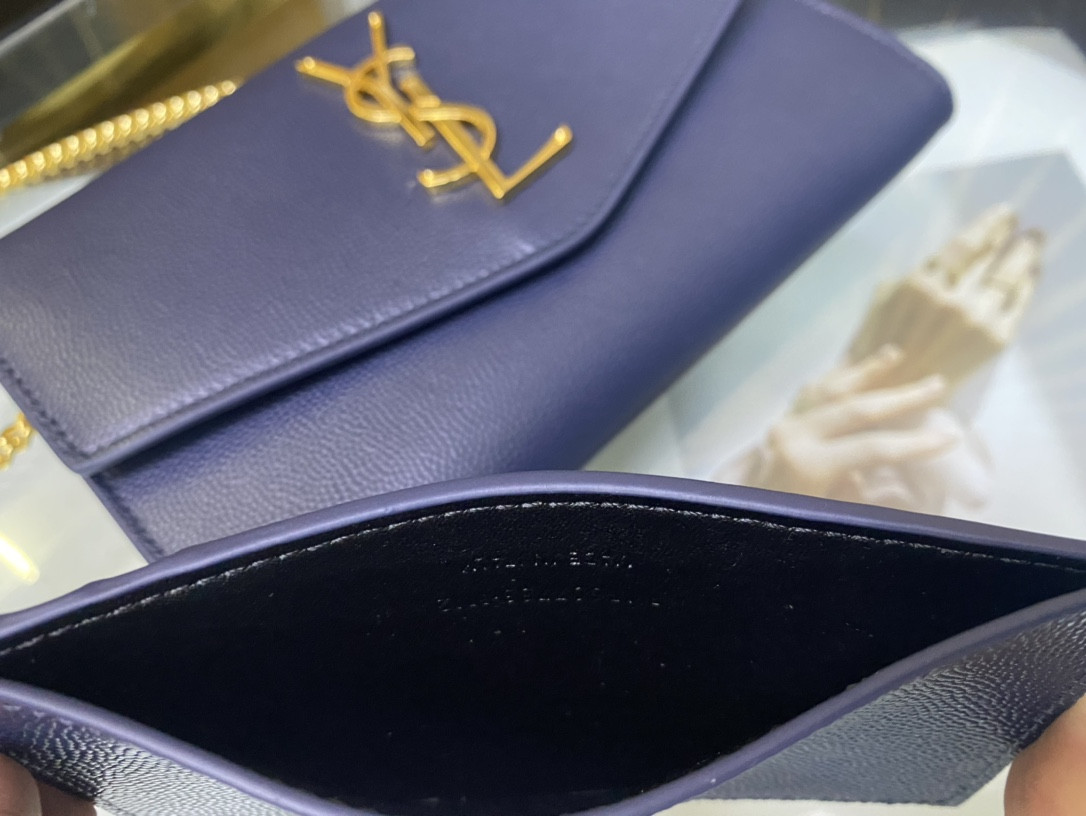 Y*L UPTOWN CHAIN WALLET IN GRAIN DE POUDRE EMBOSSED LEATHER NAVY 7.5 X 4.7 X 1.2 INCHES