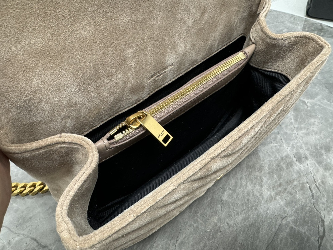 Y*L COLLEGE MEDIUM IN QUILTED SUEDE GRAY 9.4 X 6.6 X 2.5 INCHES