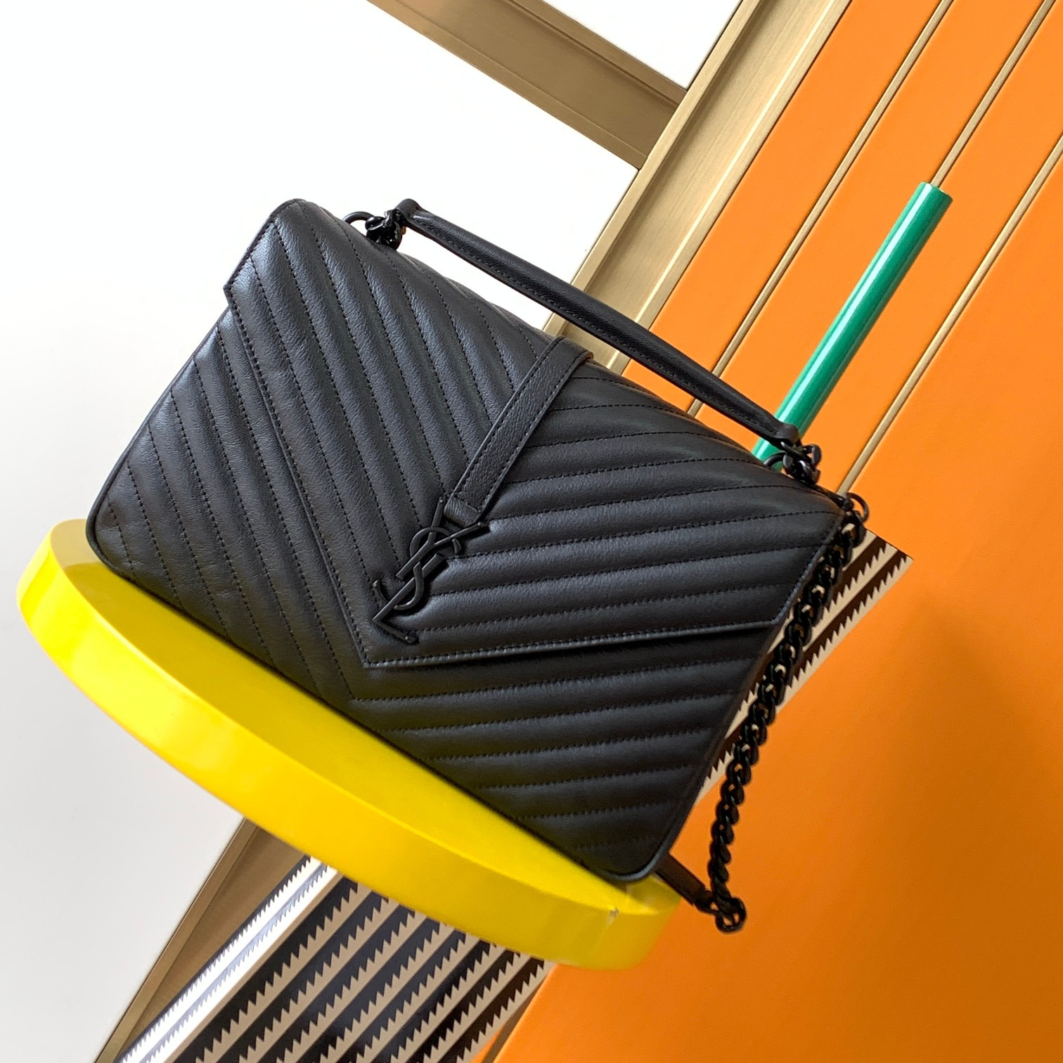 Y*L COLLEGE MEDIUM IN QUILTED LEATHER ALL BLACK 9.4 X 6.6 X 2.5 INCHES