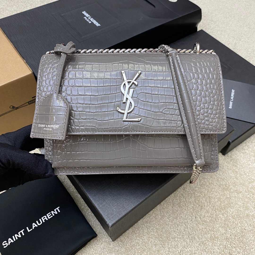 Y*L SUNSET MEDIUM IN CROCODILE-EMBOSSED LEATHER GRAY 8 X 6.2 X 2.5 INCHES